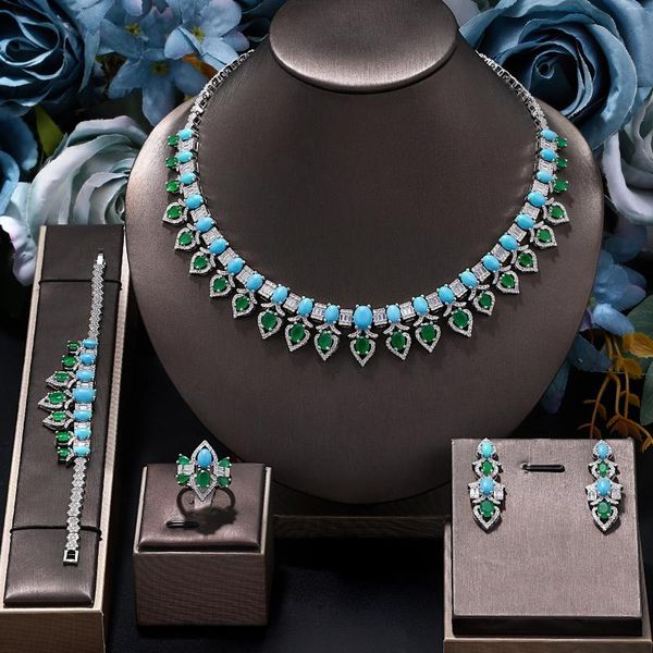 Conjunto de collar y pendientes de boda nigeriana, conjuntos de collares de circonia turquesa, joyería nupcial de Dubái para fiesta, 4 Uds.