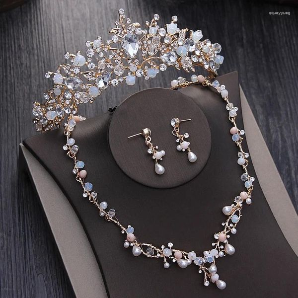 Ensemble de boucles d'oreilles et collier en perles de cristal nobles, perles de mariée, strass, diadème, diadème, couronne, bijoux de mariage de dubaï