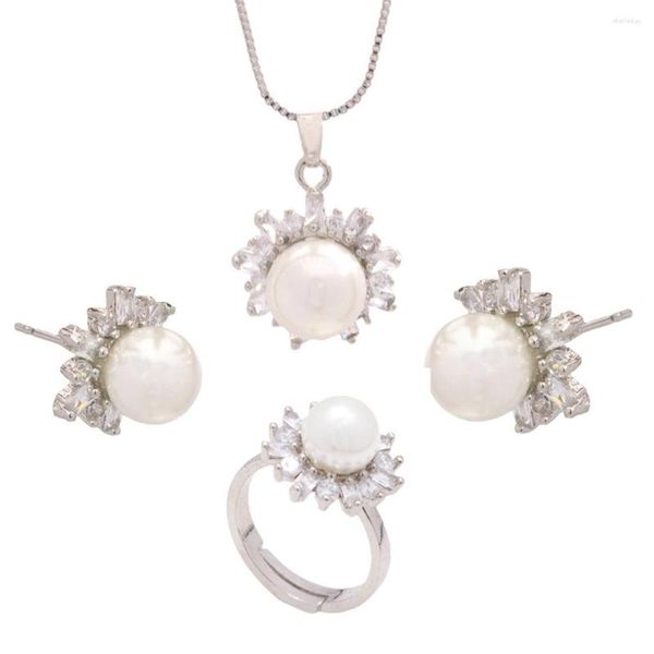 Conjunto de pendientes de collar, cuentas de concha blanca romántica Noble, joyería de boda para novia, anillo de flores para mujer, accesorios para vestido, dama de honor