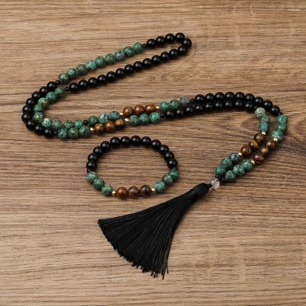 Conjunto de aretes de collar OAIITE 8MM Turquesas africanas naturales Piedra de ónix negro Collares Pulseras Joyas de yoga Cuentas de Japamala con borla