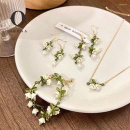 Collier Boucles d'oreilles Set Obega 4 PCS White Orchid Flower Valley Bridal Jewelry Bracelet Super Fairy Girls Cavicle Chain