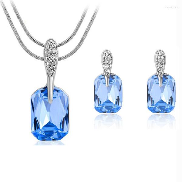 Conjunto de collar y pendientes Ociki Cubic Zirconia, cristal azul cuadrado y joyería para mujeres y niñas, regalo, venta al por mayor