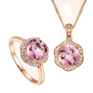 Collier boucles d'oreilles ensemble Ociki or Rose couleur CZ cubique zircone cristal rose pendentif et anneau bijoux tour de cou femmes cadeau goutte