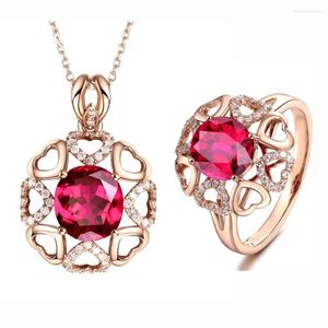 Ociki – ensemble de collier et boucles d'oreilles couleur or Rose, ras de cou en zircone cubique, pendentif et bagues en cristal rouge, bijoux pour femmes, cadeau