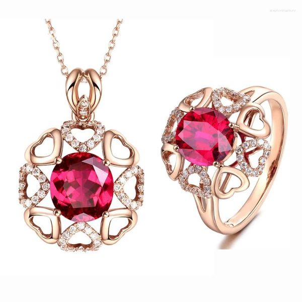 Conjunto de collar y pendientes Ociki, gargantillas de circonia cúbica de Color oro rosa, corazón de circonia cúbica, colgante de cristal rojo y anillos, joyería para regalo de mujer
