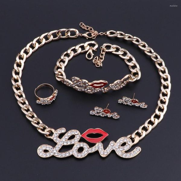 Conjunto de collar y pendientes OEOEOS, accesorios para mujer, labios rojos, colgante de letra de amor, pulsera de Color dorado, anillo de Errings