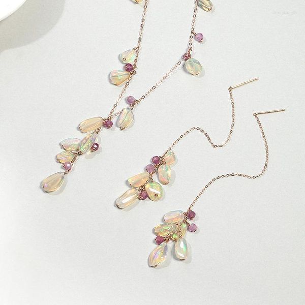 Pendientes de collar Juego de ópalo Natural Gems 18K Pure Rose Gold Solid Rose Parring Hecho a mano Elegante Regalo para mujeres