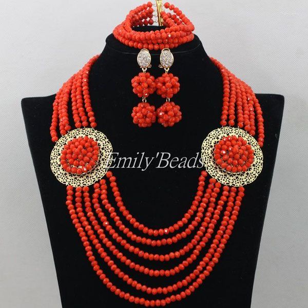 Conjunto de collar y pendientes, traje naranja opaco, cuentas de cristal de boda nigerianas africanas, venta al por mayor AMJ796