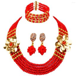 Ketting oorbellen set ondoorzichtige rode Afrikaanse kristal kralen sieraden Nigeriaans bruidsfeest 5LDH08
