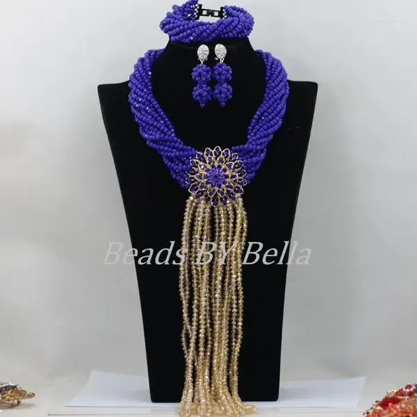 Ensemble collier et boucles d'oreilles en perles de cristal bleu Royal Opaque, bijoux de mariage nigérian africain ABF503