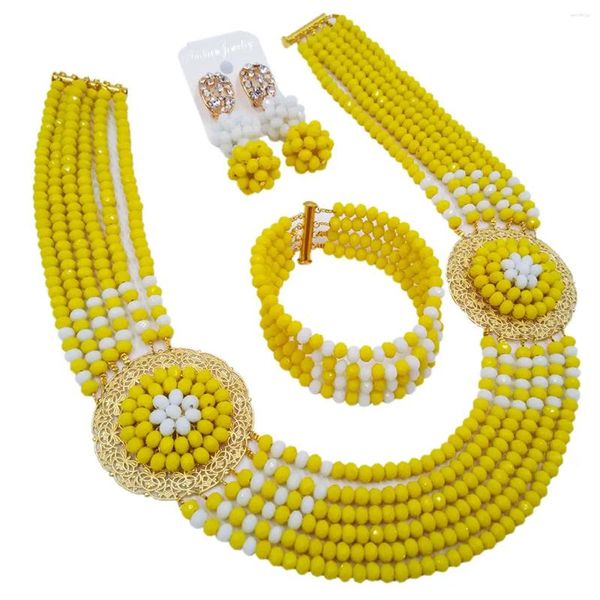 Collier boucles d'oreilles ensemble Opaque jaune blanc perles africaines bijoux cristal mariée