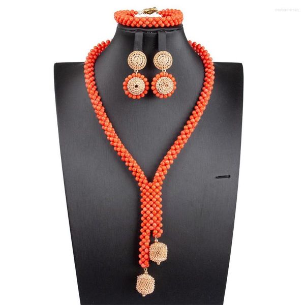 Collier Boucles D'oreilles Ensemble Orange Mini Perles De Corail Long Pendentif Femmes Africain Nigeria Bijoux De Mariage À La Main Conception Mariée Partie Cadeau 2023