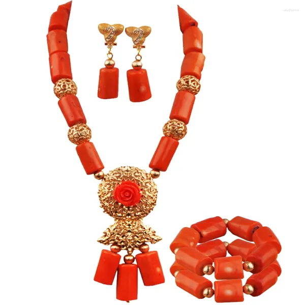 Ensemble collier et boucles d'oreilles en perles de corail nigérianes Orange, bijoux pour mariée africaine, 23-530BC