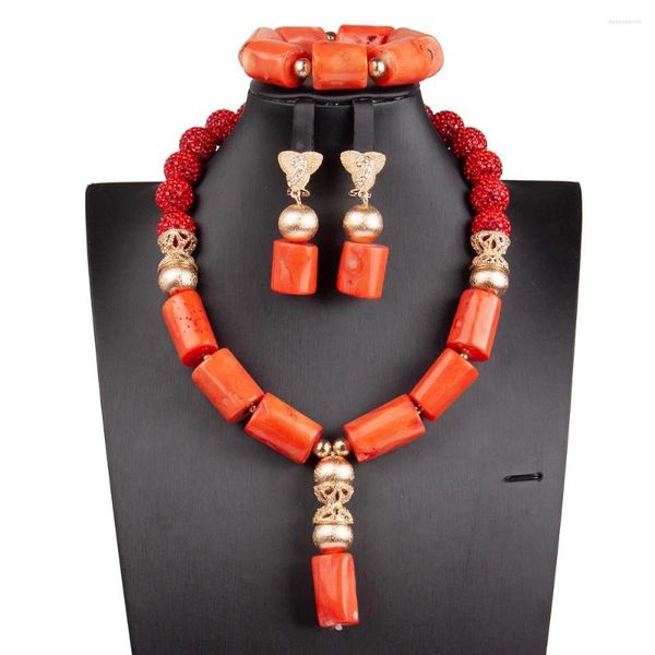 Ensemble de boucles d'oreilles et collier, grandes perles de corail originales, bijoux de mariage africains, strass rouges, grosses mariées, CNR114