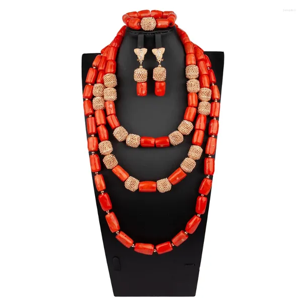Ensemble de collier et boucles d'oreilles en corail africain, bijoux originaux à trois couches, Costume de mariage nigérian ABS174