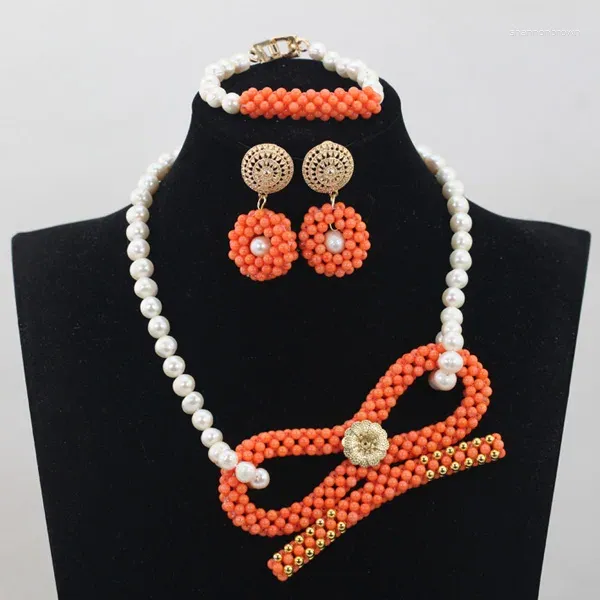 Conjunto de collar y pendientes, colgante Original de Coral naranja, joyería de boda, elegante perla de agua dulce ABH021