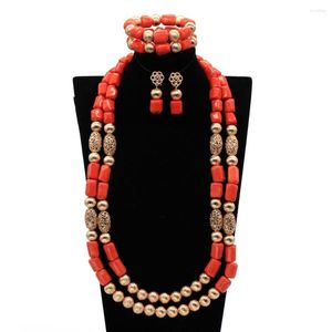 Ketting oorbellen set originele echte koraal kralen sieraden dubbele lagen dubai gouden Afrikaanse bruiloft CNR380