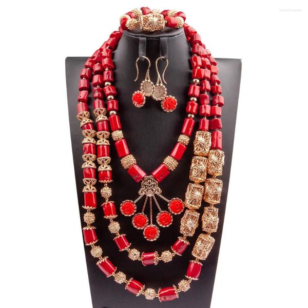 Ensemble de collier et boucles d'oreilles en perles de corail africaines rouges, bijoux originaux, pendentifs de fleurs, mariage nigérian, CNR351