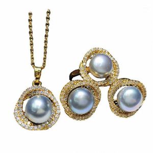 Collier boucles d'oreilles ensemble Original bijoux fantaisie à la mode zircon cubique perle d'eau douce femmes magnifique pendentif boucle d'oreille bague ensembles