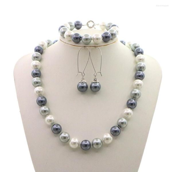 Ensemble de collier et boucles d'oreilles pour femmes, cadeaux d'ornement de 12mm, perles rondes blanches, grises et noires, ensemble de bracelets en perles de coquillage, conception de fabrication de bijoux