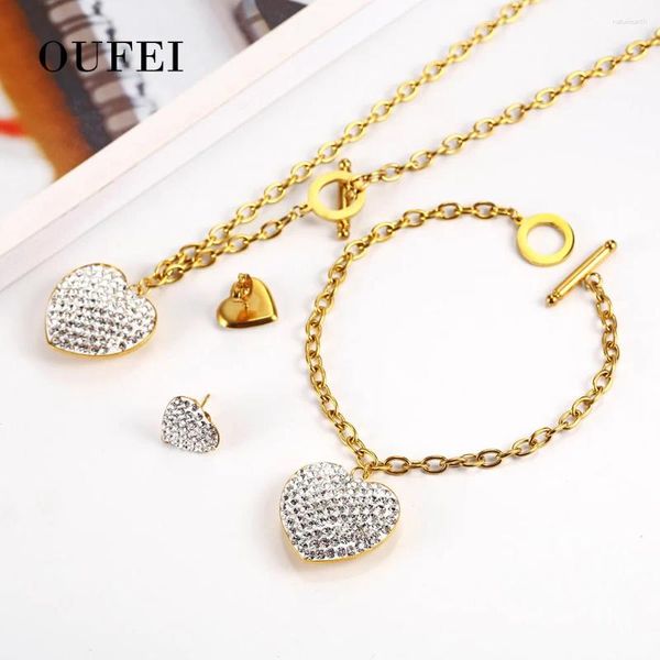 Conjunto de collar y pendientes OUFEI, joyería de acero inoxidable para mujer, accesorios de pulsera de cristal con corazón dorado