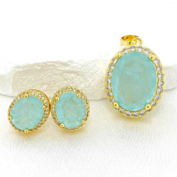 Boucles d'oreilles de collier Set Oval London Blue Synthetic Tourmaline Pender Statement Jewelry