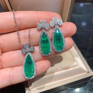 Ensemble collier et boucles d'oreilles papillon Paraiba pour femmes, pendentif poire goutte cristal Banquet pierre émeraude bijoux chaînes accessoire de luxe