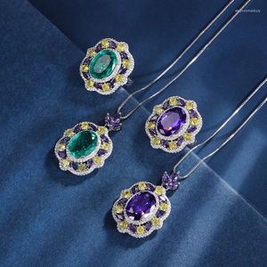 Ensemble collier et boucles d'oreilles pour robe de soirée, accessoire, mélange de couleurs, vert, violet, jaune, pendentif en Zircon cubique, bague réglable, bijoux pour femmes