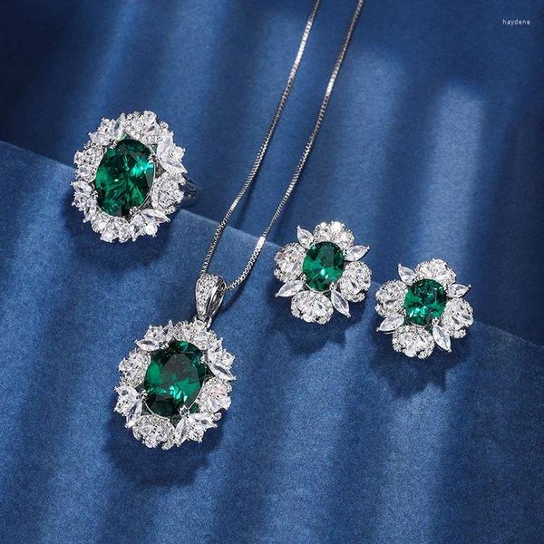 Ensemble collier et boucles d'oreilles pour femmes, cadeau de fête, émeraude verte, pendentif en Zircon complet, bague réglable, bijoux