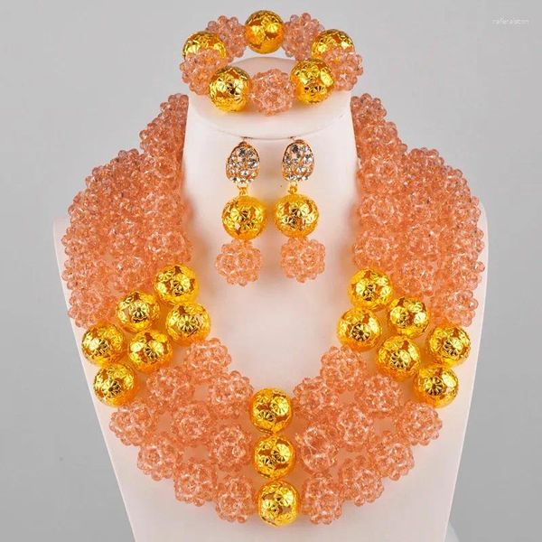 Collier Boucles d'oreilles Set Peach Color Crystal Ball Perle Costume de bijoux africain mariage