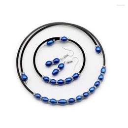 Ketting oorbellen set parelarmband voor vrouwen zwarte lederen ketting ovale rijst zoetwater 7-8 mm gladde hoogwaardige parels sieraden