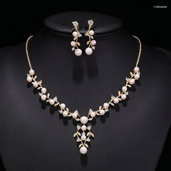 Collier Boucles D'oreilles Ensemble Perle Bijoux Zircon Cristal Feuille De Mariage De Mariage En Gros Et Au Détail De Qualité