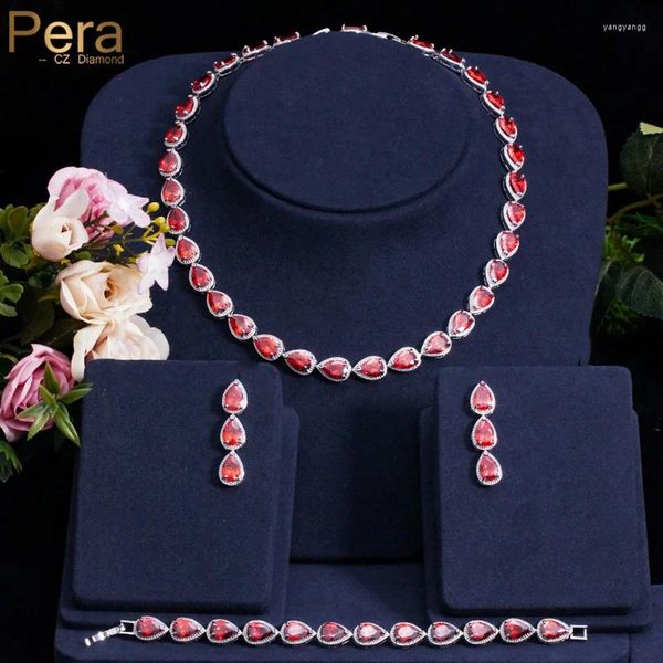 Collier Boucles d'oreilles Set Pera Classic 3pcs Red Waterdrop Shape Link Cumbic Zirconia Choker Banquet Banquet Party for Women Gift J213