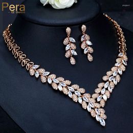 Collier Boucles d'oreilles Ensemble Pera Luxury Gold Color Women Women Wedding sets Big Cumbic Zirconia Long Wheat Leaf Drop and for Brides bijoux J253