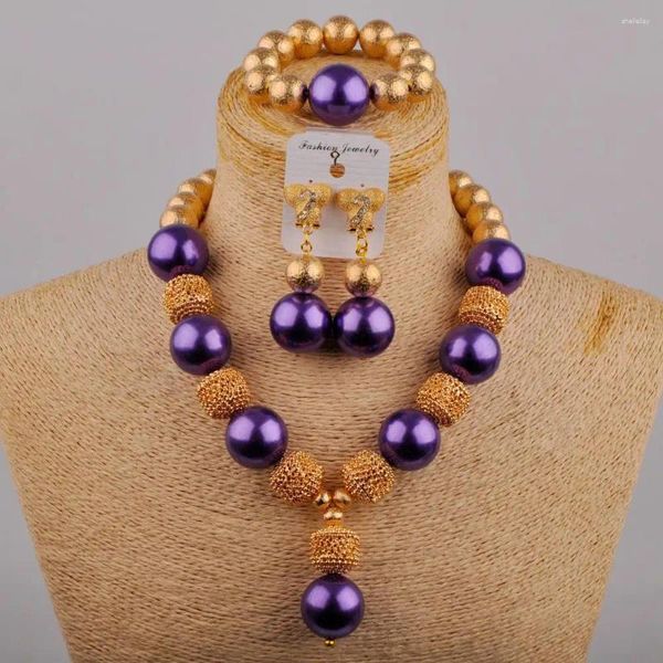 Ensemble de boucles d'oreilles et collier pour mariée parfaite, bijoux de mariage en perles de verre violet, accessoires pour dames africaines du Nigeria, SH-69