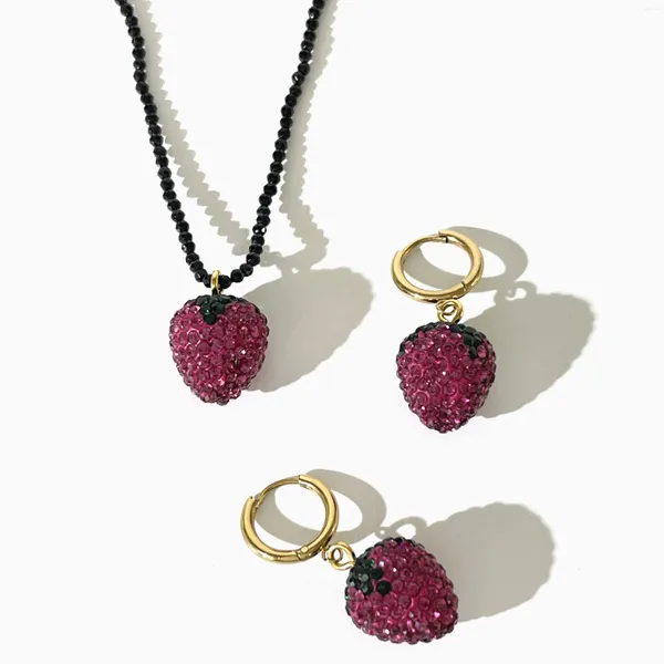 Peri'sbox – ensemble collier et boucles d'oreilles pavé de strass, Huggie Rose fraise pour filles, accessoire de fruits perlé fait à la main