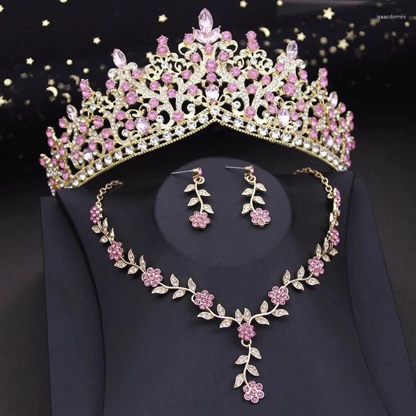 Conjunto de collar y pendientes para mujer, Tiaras de novia rosa, joyería de corona, pendiente de flor, accesorios de disfraz de boda nupcial para graduación