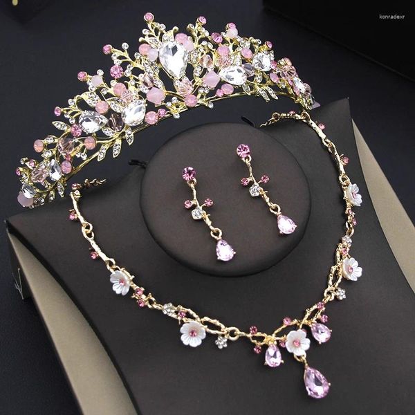 Ensemble de boucles d'oreilles et collier en cristal pour femmes, couleurs roses, diadèmes pendants, fleur, couronne de mariage, bijoux de princesse