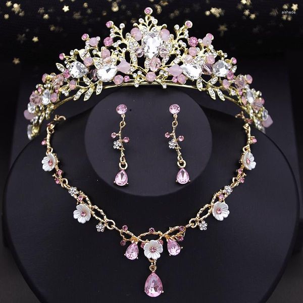 Collier boucles d'oreilles ensemble rose couronne mariée princesse diadèmes de mariage fleur tour de cou boucle d'oreille de mariée accessoires de déguisement