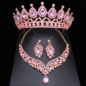 Collier boucles d'oreilles ensemble cristal rose mariée pour femmes fille princesse diadème/couronne boucle d'oreille mariage reconstitution historique bal bijoux accessoires