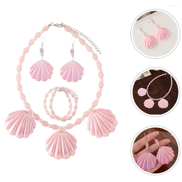 Conjunto de collar y pendientes, joyería rosa, concha marina, cuentas de flores para niñas, pulsera, collares, disfraz colorido