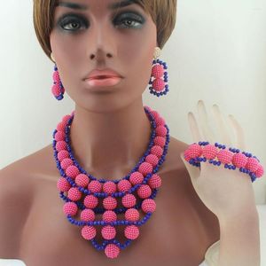 Ketting Oorbellen Set Roze/Koningsblauw Plastic Parel Bal Neclaces Vrouwen Sieraden Nigeriaanse Bruiloft Afrikaanse Kralen W13731