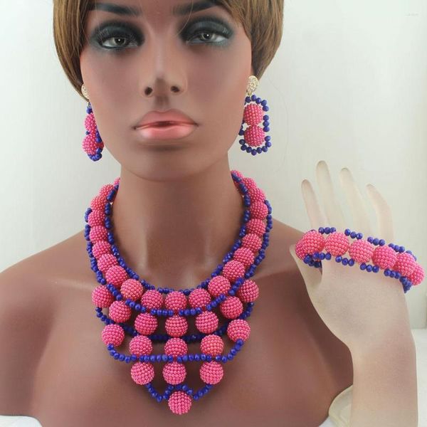 Collier boucles d'oreilles ensemble rose/bleu Royal en plastique perle boule colliers femmes bijoux mariage nigérian perles africaines W13731