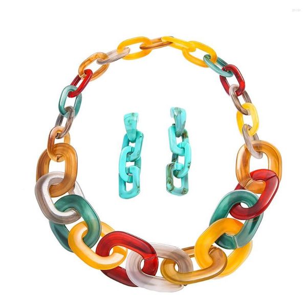 Collier boucles d'oreilles ensemble en plastique multicolore chaîne lien Punk acrylique coloré gourmette tour de cou déclaration gros bijoux