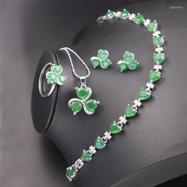 Conjunto de pendientes de collar, bonito círculo de la suerte, corazón, manzana, piedra verde, Color plata, joyería para mujer, anillo de tuerca, pulsera
