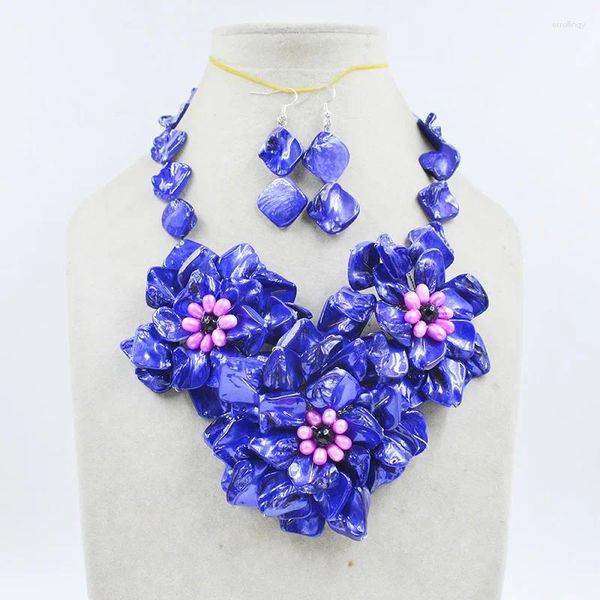 Conjunto de pendientes y collar, collar/pendiente de flores hechos a mano con concha/perla Natural azul real