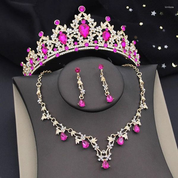 Pendientes de collar Juego de corona colorida y tiaras brillantes de princesa para accesorios de vestuario de fiesta de novia de novia