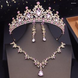 Kolye Küpe Seti Prenses Pembe Taç Gelin Kadınlar Için Tiaras Gerdanlık Setleri Gelinlik Balo Gelin Takı Aksesuarları