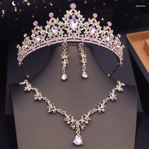 Collier boucles d'oreilles ensemble princesse rose couronne mariée pour les femmes diadèmes tour de cou ensembles robe de mariée bal mariée bijoux accessoires