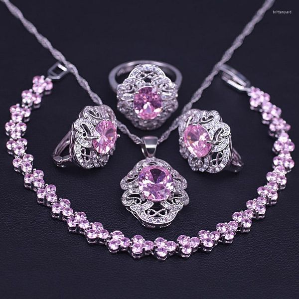 Collar Pendientes Set Princesa Rosa Color plata Bisutería para mujer Romántico Roma Pulsera Anillo Nupcial